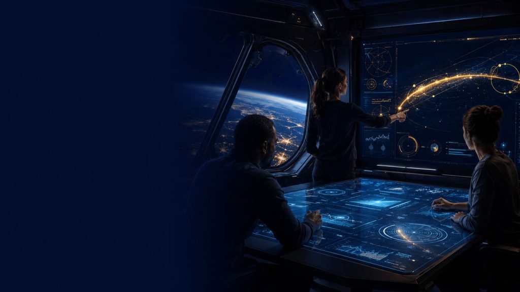 Équipe diversifiée analysant une stratégie de déploiement de l'intelligence artificielle autour d'une table holographique afin d'éviter l'échec d'un projet IA en entreprise.
