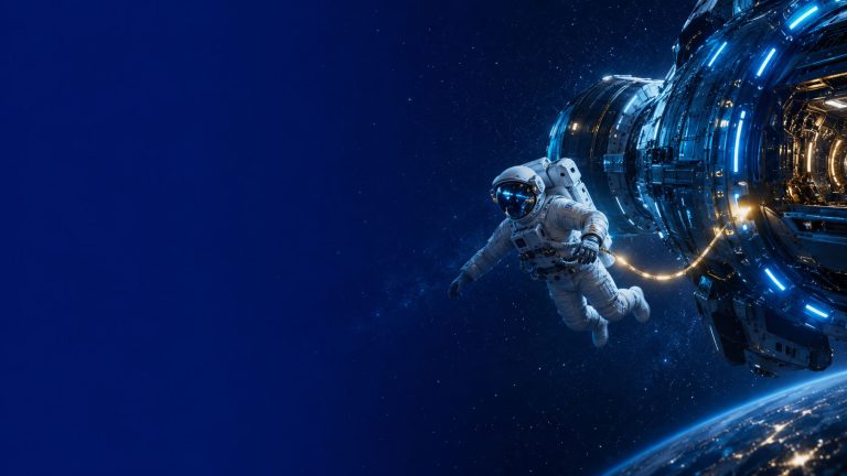 Astronaute en sortie extravéhiculaire relie a son vaisseau par un câble dore, illustrant la délégation sous contrôle d'un agent IA dans une TPE