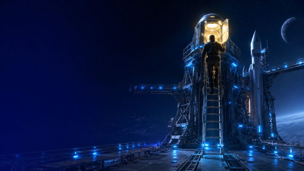 Rampe de lancement spatiale ouverte et éclairée, un seul astronaute gravissant l'échelle vers le cockpit, illustrant la formation IA gratuite et la marche appliquée