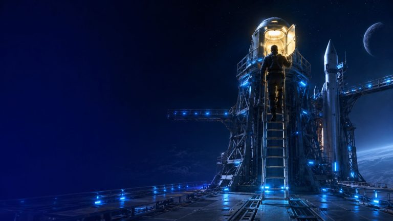 Rampe de lancement spatiale ouverte et éclairée, un seul astronaute gravissant l'échelle vers le cockpit, illustrant la formation IA gratuite et la marche appliquée