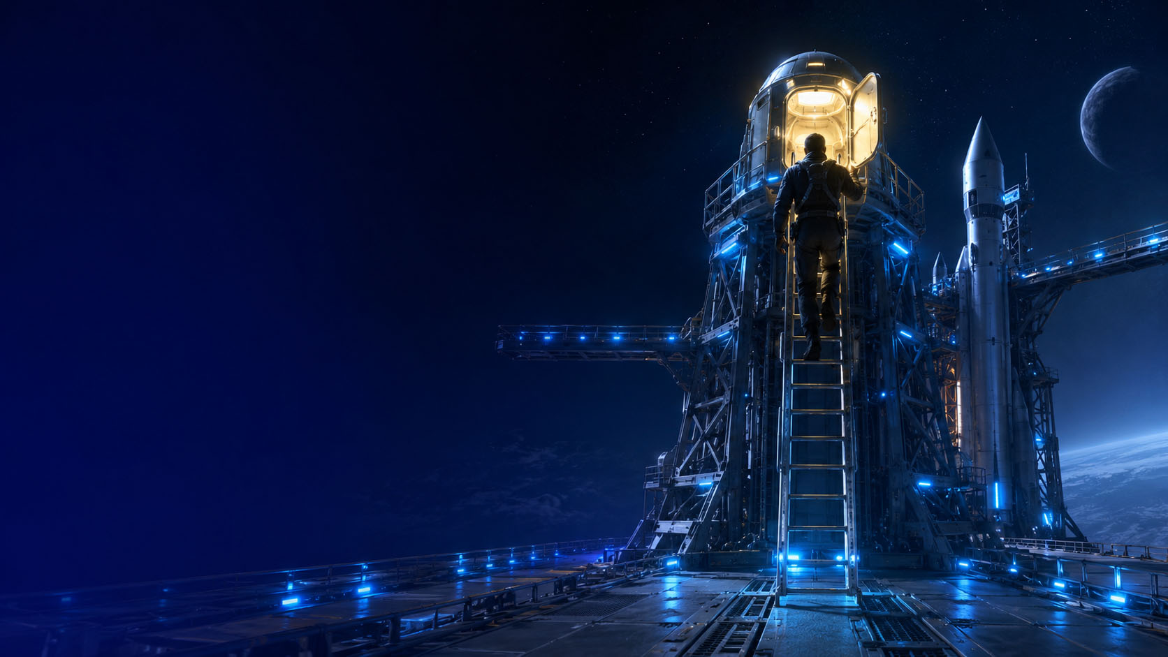 Rampe de lancement spatiale ouverte et éclairée, un seul astronaute gravissant l'échelle vers le cockpit, illustrant la formation IA gratuite et la marche appliquée