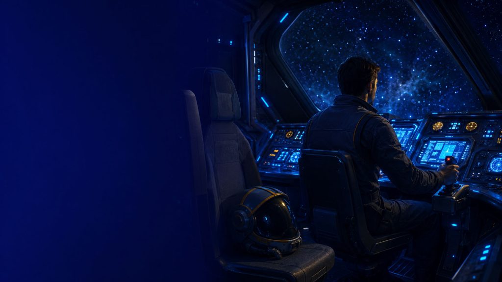 Pilote seul aux commandes d'un simulateur spatial, siège instructeur vide a cote, illustrant l'autonomie a construire après une formation IA en TPE