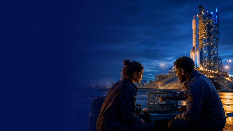 Deux techniciens au sol, l'un montrant a l'autre un panneau d'instruments devant une rampe de lancement, illustrant la transmission qui comble l'écart d'usage de l'IA en TPE