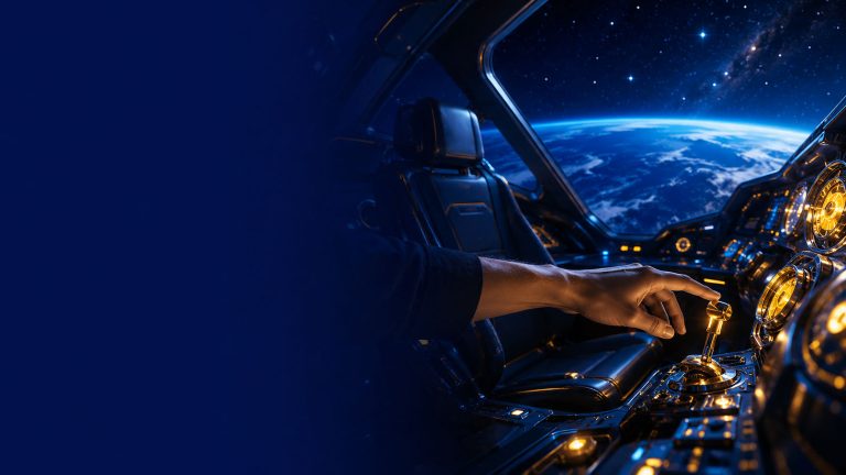 Cockpit spatial au siège vide et commandes accueillantes, illustrant l'accès a l'IA ouvert a tout dirigeant de TPE sans diplôme
