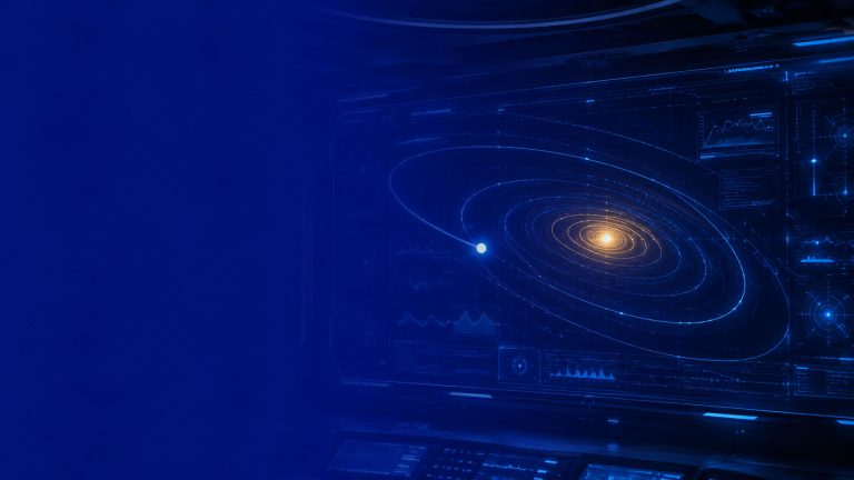 Ecran de salle de controle montrant une trajectoire qui se recentre depuis une orbite peripherique vers un noyau dore, illustrant le deplacement de l'IA vers le coeur du metier d'une TPE