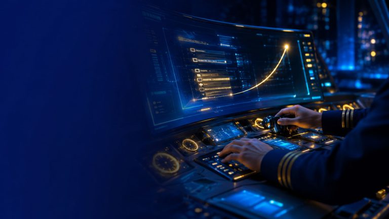 Mains sur une interface de cockpit lumineuse illustrant la rédaction d'un devis plus rapide avec l'IA dans une TPE