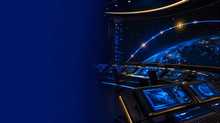 Salle de contrôle suivant une trajectoire orbitale avec un jalon doré, illustrant la relance programmée des devis d'une TPE