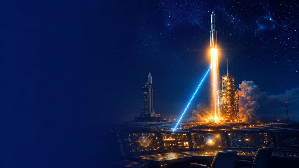 Console de mission control reliant par un faisceau lumineux une fusée qui s'élève, illustrant la transmission comme facteur de réussite d'un projet IA en TPE
