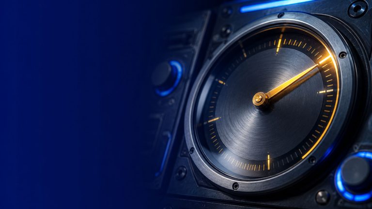 Gros plan sur un cadran de cockpit spatial dont l'aiguille doree marque une heure recuperee, illustrant la mesure du temps gagne grace a l'IA dans une TPE
