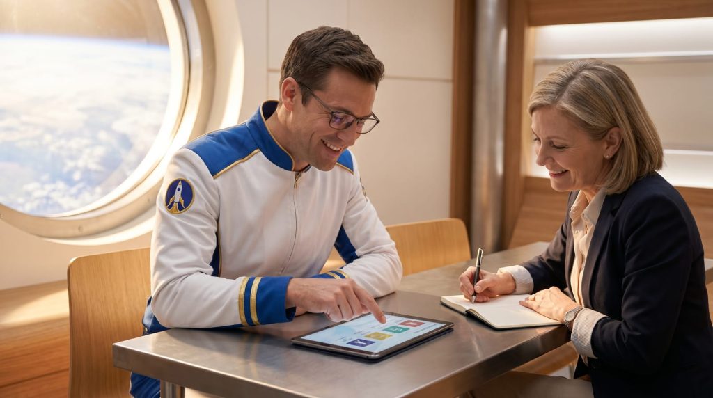 Marc Julié et une dirigeante font ensemble l'inventaire des GPT de l'entreprise sur une tablette