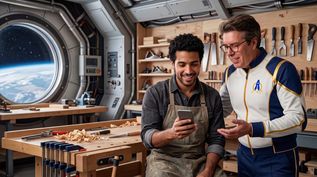 Un jeune artisan menuisier découvre sur son téléphone sa première tâche réussie avec l'IA, accompagné par le consultant d'Effet i Média