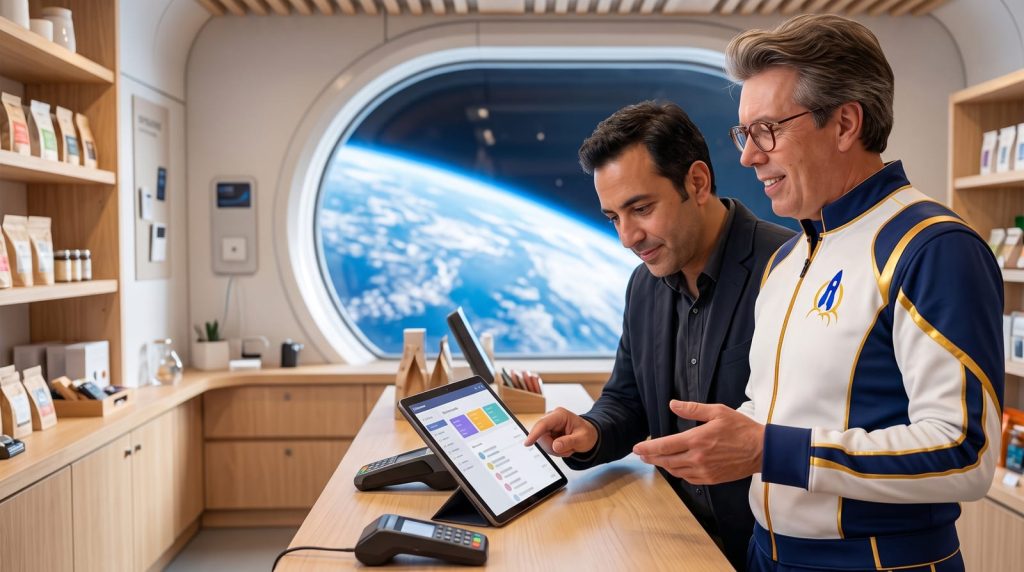 Dans sa boutique, un commerçant essaie une application sur une tablette, guidé par le consultant d'Effet i Média
