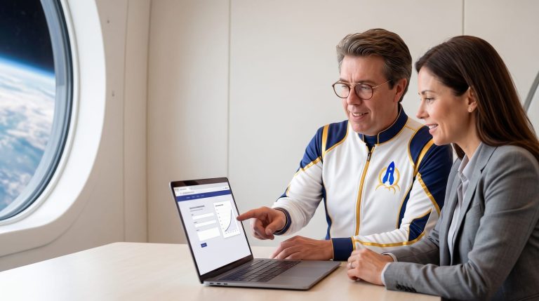 Le consultant d'Effet i Média montre à une dirigeante, sur son ordinateur portable, l'endroit de son site où les inscriptions échouaient