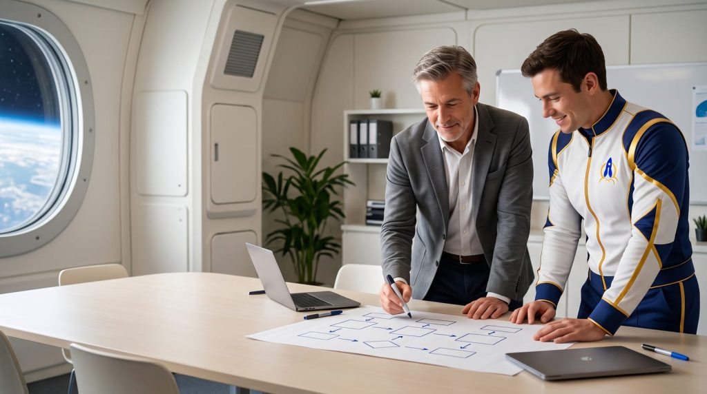 Un futur créateur d'entreprise de 50 ans dessine son plan avec un membre de l'équipage Effet i Média, avant de choisir un outil