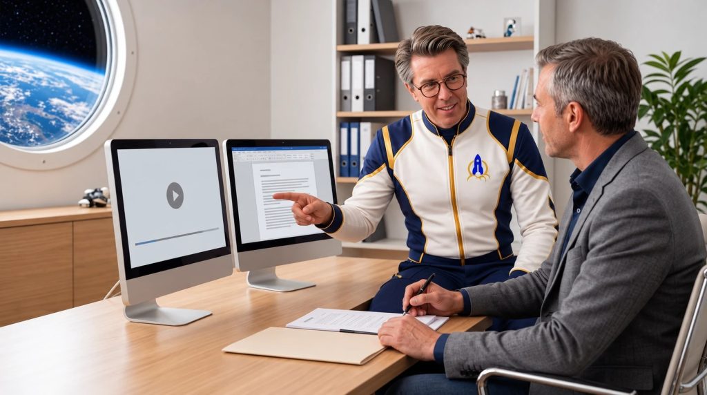 Le consultant d'Effet i Média montre à un dirigeant comment appliquer une leçon de formation en ligne sur son propre document