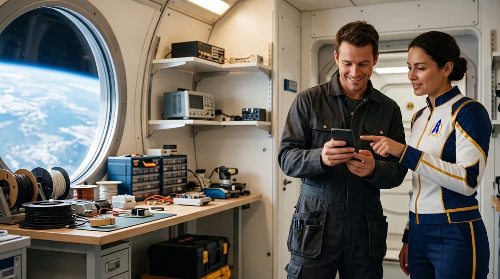 Un électricien voit sur son téléphone que la relance de son devis est partie toute seule, aux côtés d'une membre de l'équipage Effet i Média