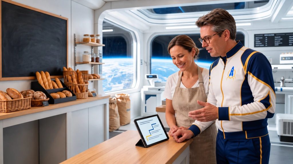 Dans sa boulangerie, une artisane découvre sur une tablette sa première marche vers l'IA avec le consultant d'Effet i Média