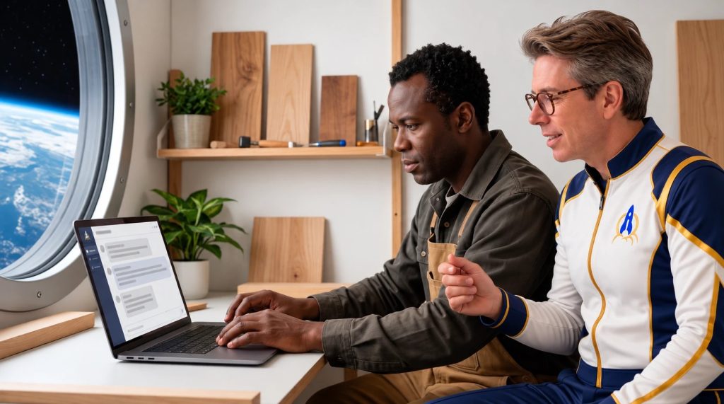 Un artisan menuisier écrit sa première demande à une IA, accompagné par le consultant d'Effet i Média
